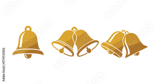 A collection of golden bells in various configurations, including single bells and pairs, rendered with a metallic sheen.
