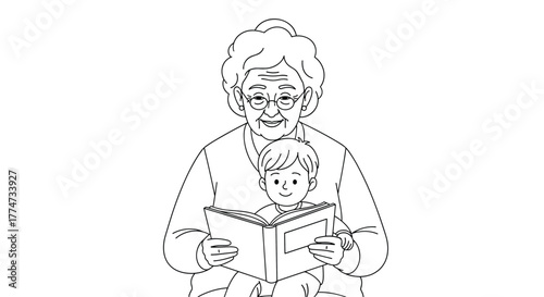 A loving grandmother smiles as she reads a storybook to her happy grandson, fostering a bond over literature.
