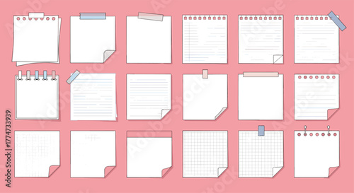 A vibrant collection of diverse white paper notes, memo sheets, and sticky note designs, featuring lined, grid, and blank styles, on a pink background.