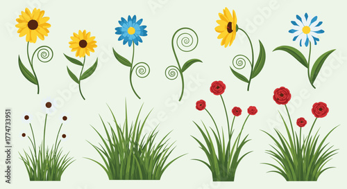 Vibrant collection of stylized spring and summer flowers and lush green grass elements, perfect for nature-themed designs.
