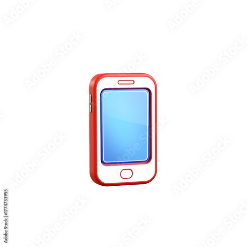 A small red smartphone with a blue screen isolated on transparent background