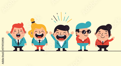 Joyful diverse cartoon business professionals celebrating success with wide smiles and raised arms, embodying positive teamwork and happiness.