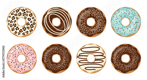 A vibrant collection of eight decorative donuts featuring various colorful glazes and sprinkle toppings, isolated on a white background.