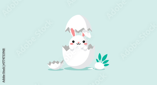 Adorable cartoon bunny emerging from a cracked egg, surrounded by eggshell fragments and a green sprout, on a pastel blue background.