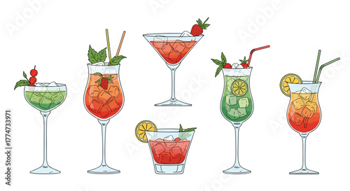 A vibrant collection of diverse and refreshing summer cocktails in various glass types, adorned with ice, fresh fruits, and mint leaves.