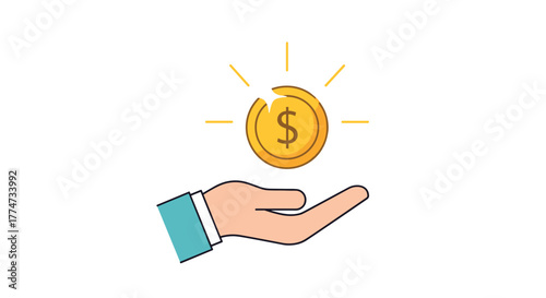 A hand is open-palmed, with a brightly shining golden dollar coin floating above it, representing concepts of earning, wealth, and opportunity.