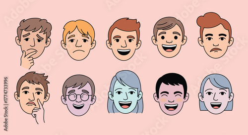 Collection of illustrated human faces depicting a diverse range of emotions and expressions, including happiness, sadness, and thoughtful moods.