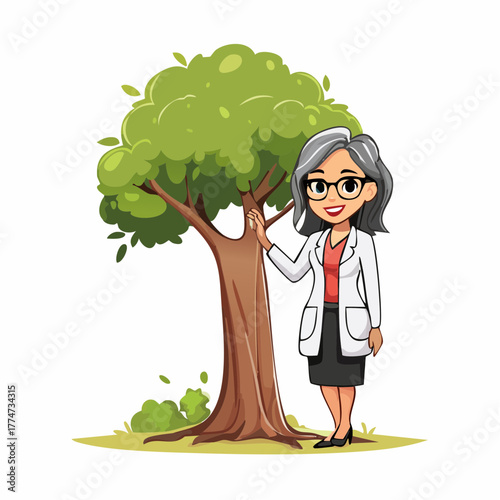 Woman scientist with grey hair near a green tree cartoon illustration
