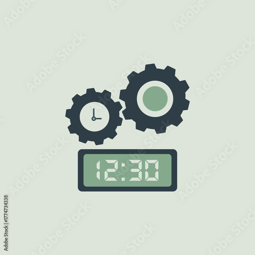 Time Management Process Vector Icon with Digital Clock and Gears