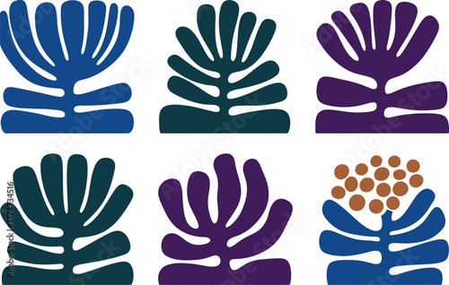 Abstract Seaweed Algae Pattern Design in Multiple Colors on White Background