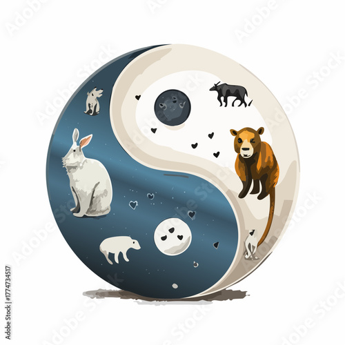 Yin and yang symbol with animals concept of balance and harmony