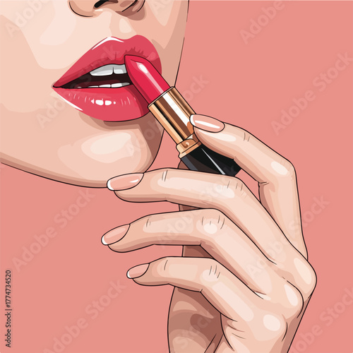 Close up of a woman applying red lipstick to her full lips with a golden lipstick case