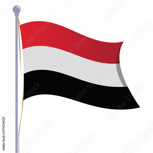 Yemeni flag waving against white background depicting national symbolism