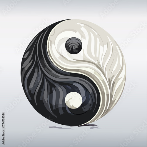 Yin yang symbol with abstract leaf pattern in black and white