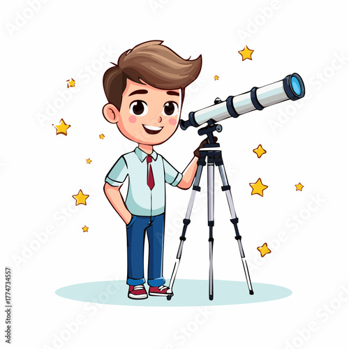 Young boy observing the sky through a telescope with star illustrations