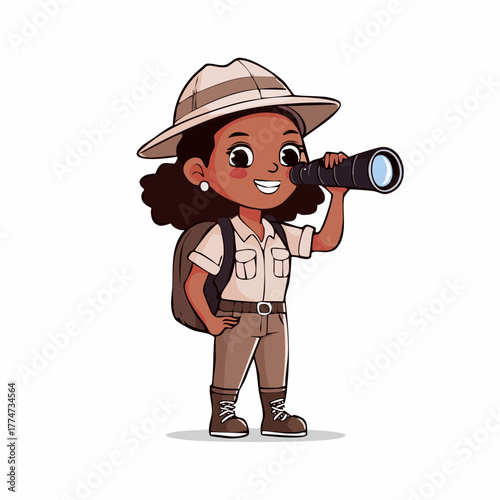 Young explorer with binoculars cartoon illustration for adventure and discovery