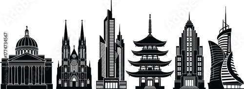 Global architecture styles, classical dome, gothic cathedral, modern skyscraper, Japanese pagoda, futuristic buildings, cultural landmarks, city skyline, iconic structures