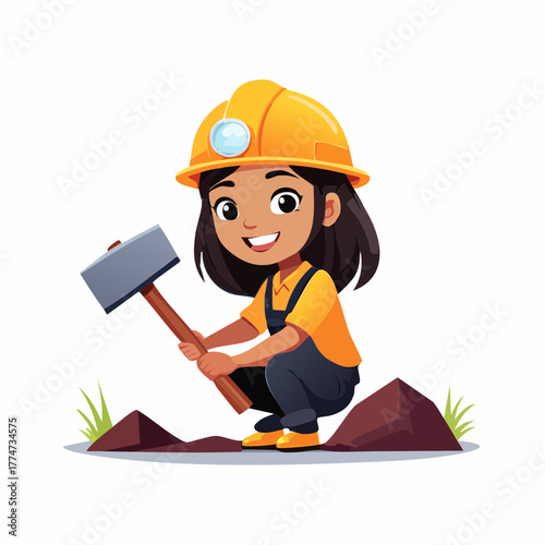 Young person with hammer cartoon illustration mining industry concept