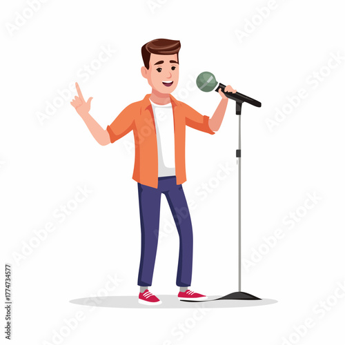 Young man singing with microphone on stand cartoon character illustration