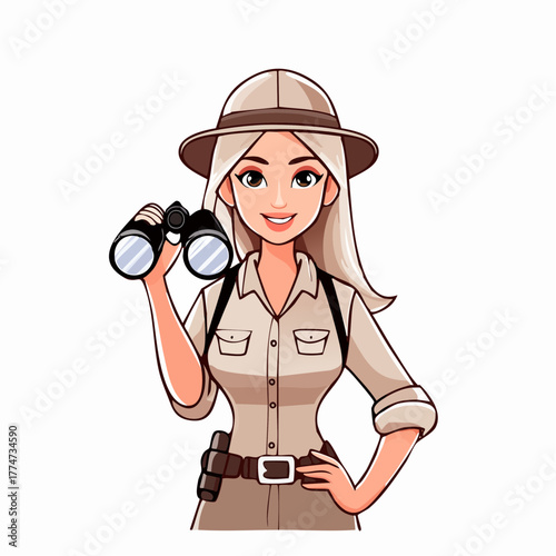 Young woman explorer holding binoculars cartoon illustration