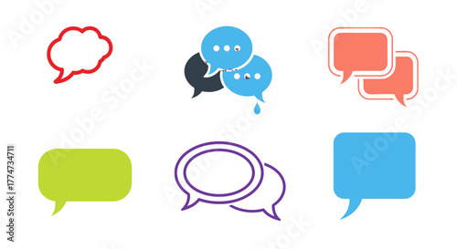 Set of six colorful and diverse speech bubble icons in various modern flat design styles for communication and chat.