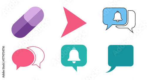 Set of six colorful flat design vector icons for notifications messages and medicine.