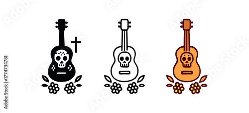 guitar mariachi remembrance icon on white background Black silhouette flat icon outline icon and colored icon style orange red tones three minimal vector icon style