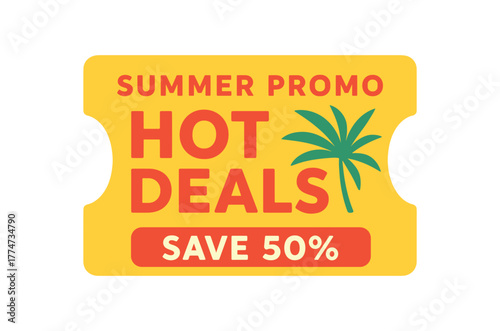 Flat vector coupon design top text SUMMER PROMO main text HOT DEALS bottom text SAVE 50% tropical ticket shape with palm detail
