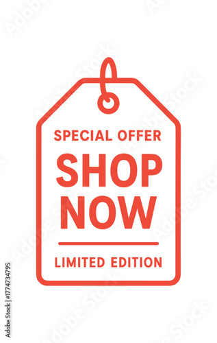 Flat vector tag design top text SPECIAL OFFER main text SHOP NOW bottom text LIMITED EDITION classic tag with red outline and white body