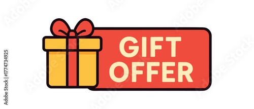 Flat vector banner design icon of present box with bow near text GIFT OFFER red and gold horizontal rectangle