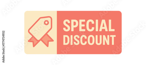 Flat vector banner design icon of tag with ribbon beside text SPECIAL DISCOUNT beige and coral rectangular layout
