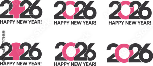 Six variations of 2026 Happy New Year text in black pink and white celebration greeting