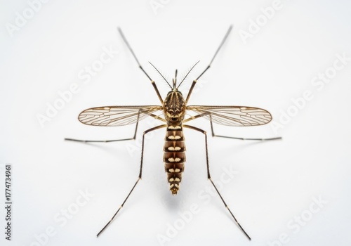 Detailed top down view of a mosquito with intricate wings and legs on a white background