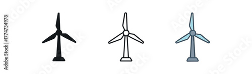 wind energy turbine icon on white background Black silhouette flat icon outline icon and colored icon style three minimal vector icon style