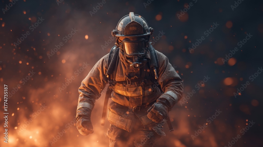 Fototapeta premium Brave firefighter battling intense flames while extinguishing a fierce fire in a dramatic and dangerous environment filled with smoke and embers