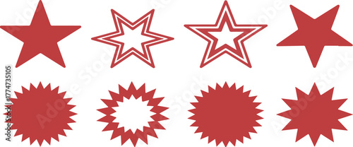 Red star shapes and starbursts on white background vector