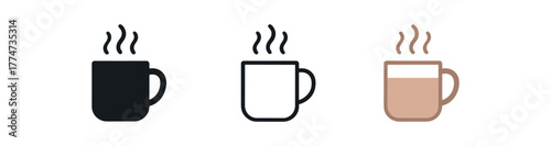 morning coffee mug icon on white background Black silhouette flat icon outline icon and colored icon style soft pastel brown and cream tones three minimal vector icon style