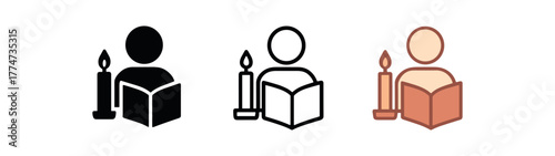 reading book by candlelight icon on white background Black silhouette flat icon outline icon and colored icon style warm beige and terracotta palette three minimal vector icon style