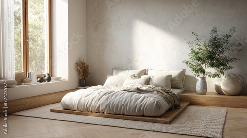 Serene Minimalist Bedroom Design with Natural Light and Organic Textures for Tranquil Living Spaces and Calming Home Interiors