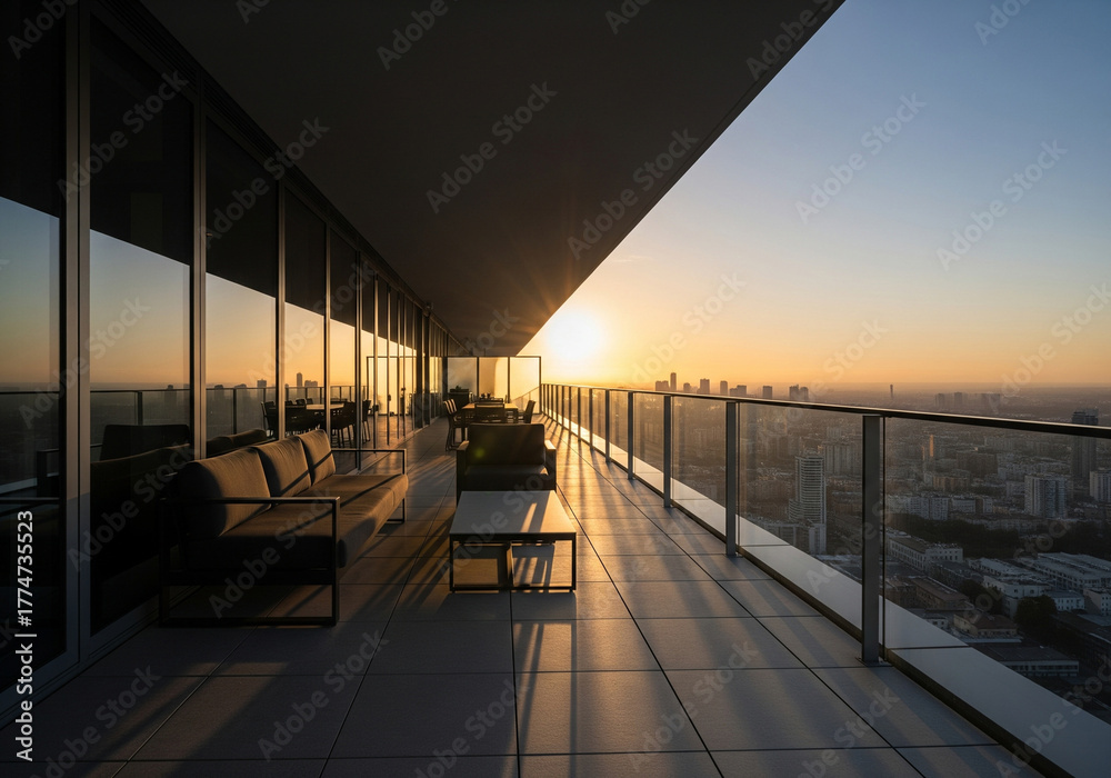 custom made wallpaper toronto digitalGolden hour sunset illuminates a modern high rise balcony with panoramic city views and elegant lounge furniture, perfect for luxury living and urban escapes.