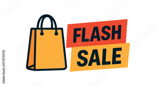 Flat vector banner design icon of shopping bag next to bold text SALE red and rectangular flat marketing composition