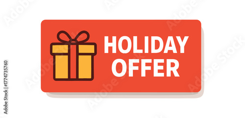 Flat vector banner design icon of gift box near text HOLIDAY OFFER red and gold rectangle with soft shadow