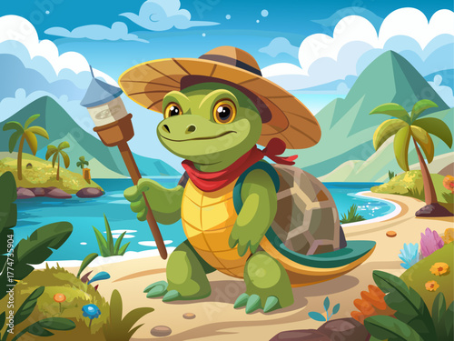 A patient turtle holding a paintbrush creates a seaside landscape, wearing a straw hat, radiating calmness, creativity, and peaceful joy, detailed vector illustration