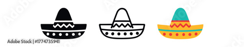 mexican sombrero hat icon on white background Black silhouette flat icon outline icon and colored icon style bright festive colors red green turquoise orange three minimal vector icon style