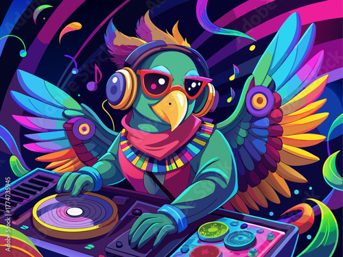 A colorful parrot wearing headphones and sunglasses spins records on a DJ mixer, surrounded by neon lights, radiating energy and rhythm, detailed vector art