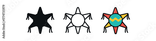 piñata shape icon on white background Black silhouette flat icon outline icon and colored icon style bright festive colors red green turquoise orange three minimal vector icon style