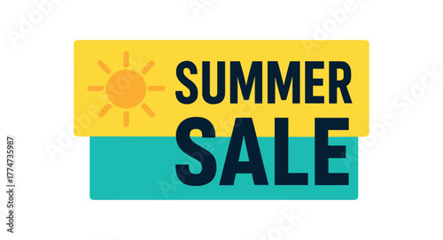 Flat vector banner design icon of sun beside bold text SUMMER SALE and turquoise rectangular layout