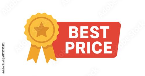 Flat vector banner design icon of ribbon badge next to text BEST PRICE red and gold horizontal shape