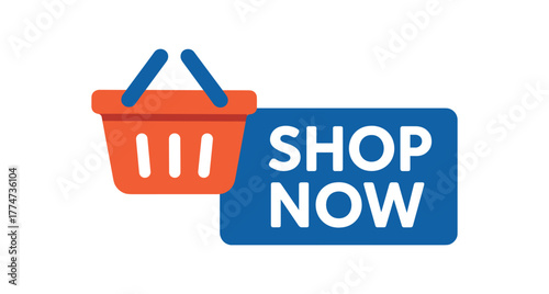 Flat vector banner design icon of shopping basket next to text SHOP NOW blue rectangular coupon with white font