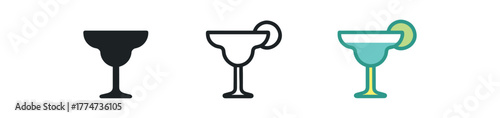 margarita cocktail glass icon on white background Black silhouette flat icon outline icon and colored icon style lime green turquoise colors three minimal vector icon style